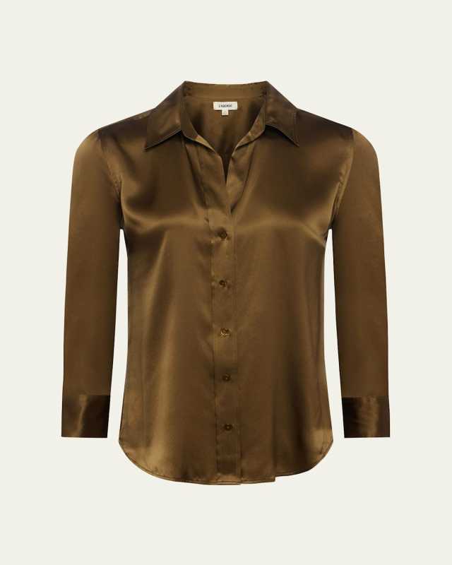 Dani Silk Satin 3/4-Sleeve Button-Down Blous
